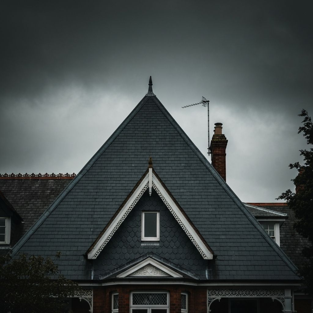 Dark slate roof with moody sky